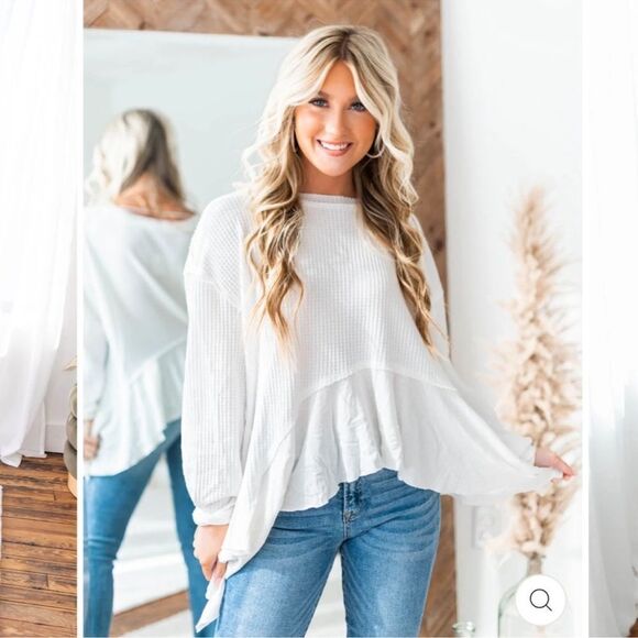 free people M Vada White Waffle Knit Crew Asymmetrical Long Sleeve Thermal Top - Picture 4 of 16